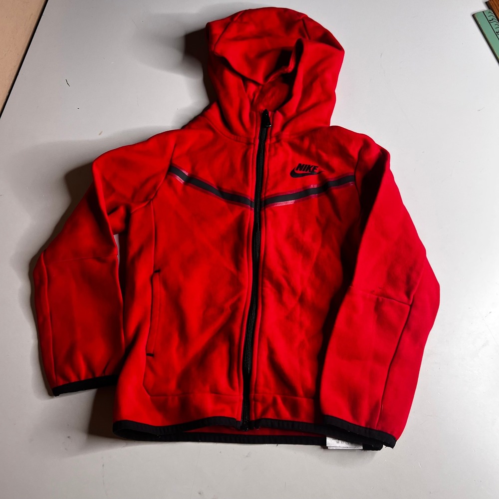Nike Kids Tech Fleece Full Zip Hoodie Red Black 825664-412 Size 7 6-7 Yrs